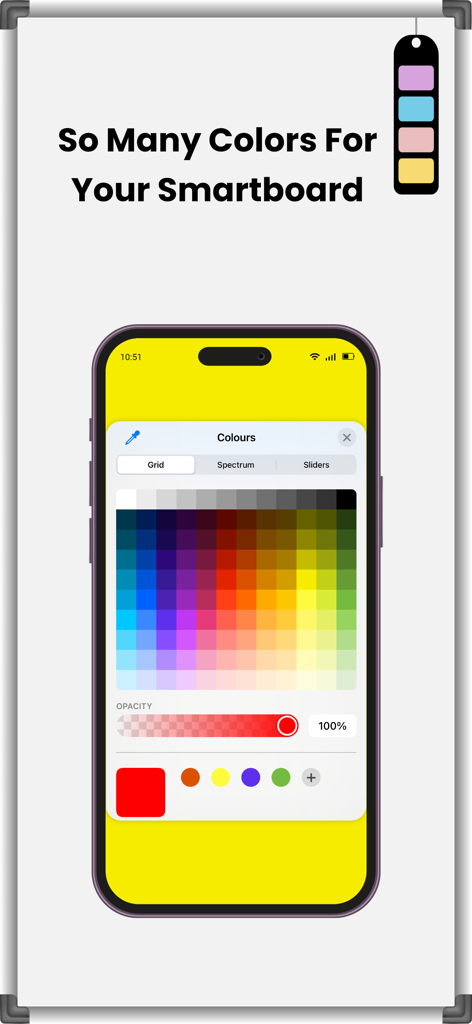 Drawing and Writing Whiteboard - Color picker interface in the Drawing and Writing Whiteboard app showing a grid of colors and opacity settings