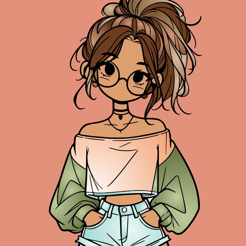 girl with a messy ponytail glasses a baggy crop top and jean shorts