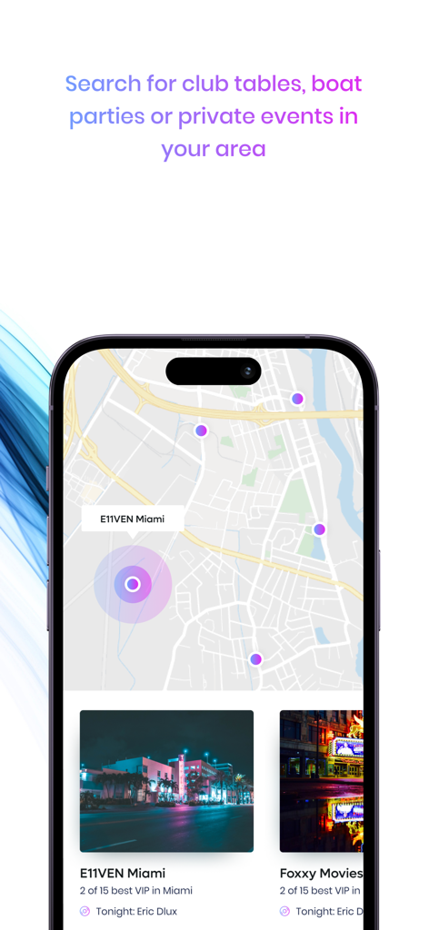Tabler app map interface showing nearby club tables and private events in Miami