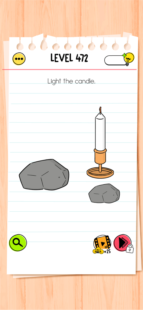 Brain Test All-Star puzzle game showing level 472 where the player must light a candle using two stones on a lined paper background