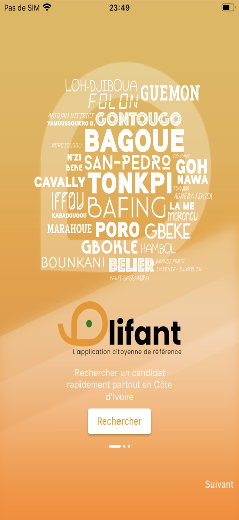 Olifant app home screen featuring a search button and a word cloud of Ivory Coast regions for voter information