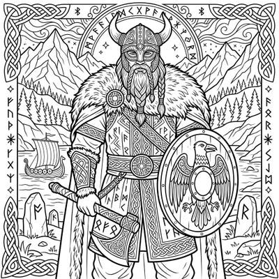 Step into the epic world of Vikings with this majestic Jarl coloring page, featuring a powerful chieftain ready for battle. Immerse yourself in the intricate details of his armor, weaponry, and the dramatic Nordic landscape surrounding him.