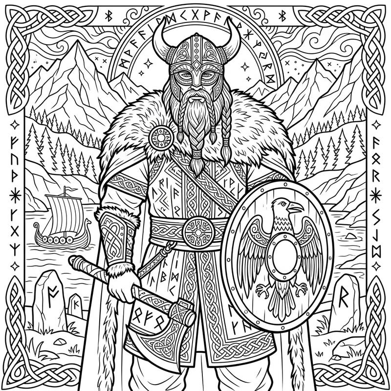 Step into the epic world of Vikings with this majestic Jarl coloring page, featuring a powerful chieftain ready for battle. Immerse yourself in the intricate details of his armor, weaponry, and the dramatic Nordic landscape surrounding him.