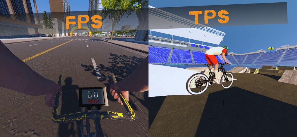 Bicycle Extreme Rider 3D - A split-screen comparison showing the first-person and third-person camera perspectives in the bicycle simulation game.
