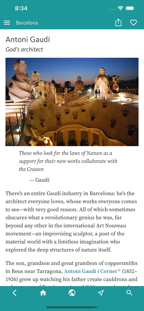 Barcelona Art & Culture - Screenshot of the Antoni Gaudi biography page in the Barcelona Art and Culture app showing the Casa Mila rooftop