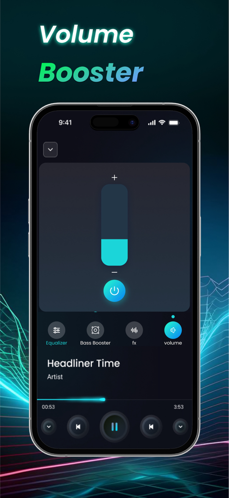 Bass Booster & Equalizer Music - Interfaz de usuario de la aplicación Bass Booster que muestra el control deslizante de volumen en la pantalla de un iPhone