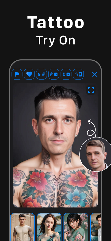 Un hombre usando la función de prueba de tatuajes IA para previsualizar tatuajes florales realistas en su pecho y cuello