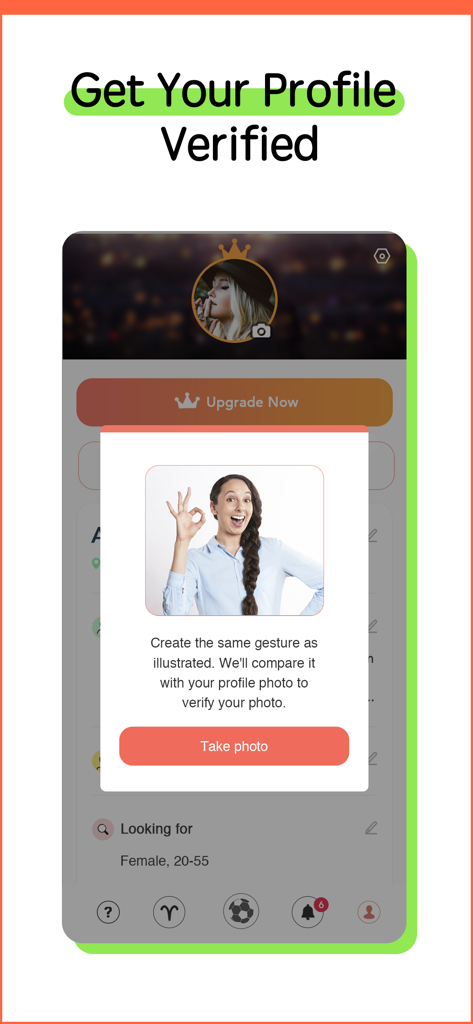 Latiner: Latino, Latina Dating - Pantalla de verificación de perfil de la aplicación de citas Latiner con instrucciones de gestos fotográficos.