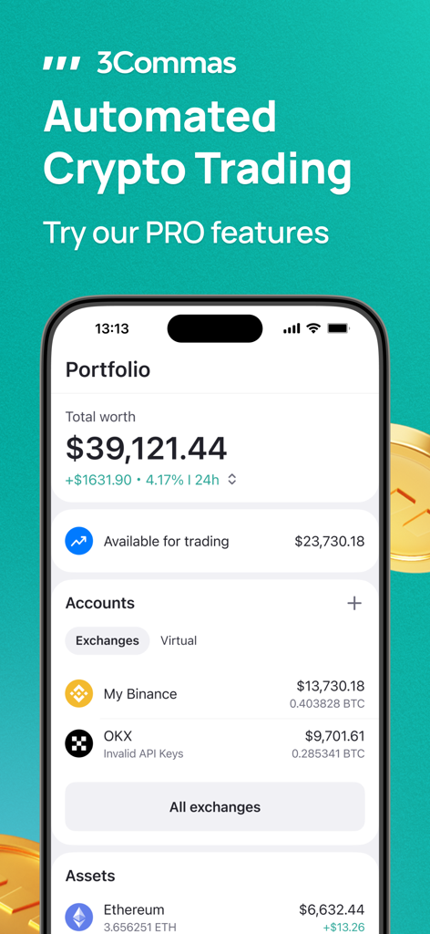 3Commas: Crypto Trading Tools - Interfaccia dell'app 3Commas che visualizza un cruscotto di portafoglio di trading cripto con saldo totale e account exchange collegati