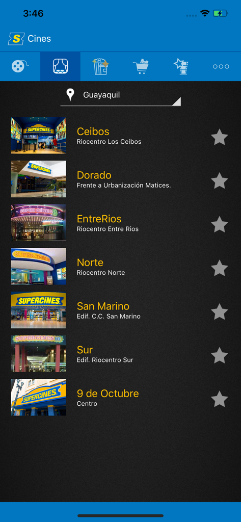 Supercines - List of Supercines theater locations in Guayaquil shown on the mobile app interface.