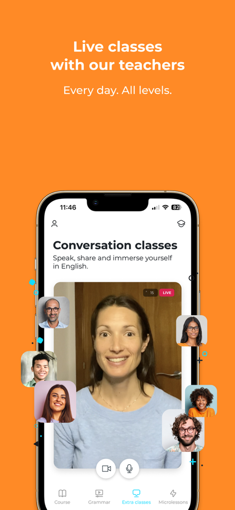 Un smartphone mostrando la interfaz de clase de conversación en vivo de la aplicación ABA English con un profesor nativo y varios estudiantes en una videollamada.