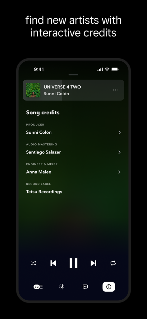 TIDAL Music app interface showing interactive song credits for a track including producer and engineer information