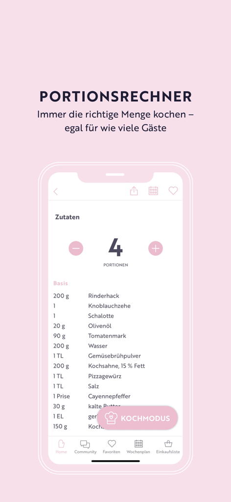 food with love: Rezepte - A screenshot of the food with love app showing a recipe portion calculator and ingredient list.