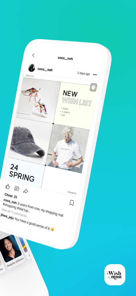 Wishmon - Quadro de visualização digital no aplicativo Wishmon com metas de moda e comentários da comunidade.
