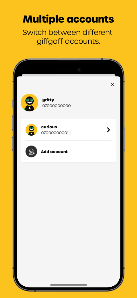 Interface de l'application mobile Giffgaff affichant l'option permettant de basculer entre plusieurs comptes liés et d'en ajouter.