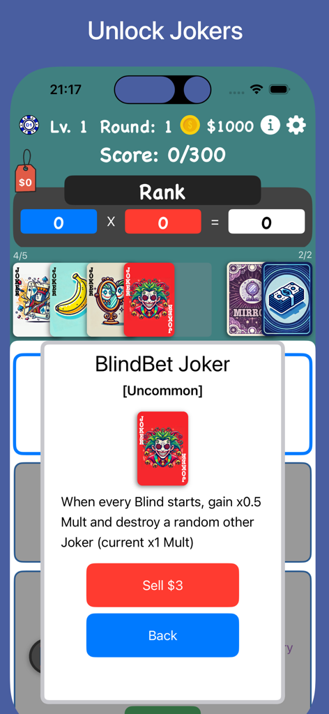 JokerPoker - Balala - Gameplay screenshot of JokerPoker Balala showing the details of an uncommon BlindBet Joker card