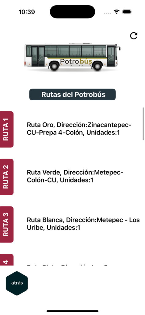 UAEMéx - Screenshot of the UAEMex mobile app showing the Potrobus university bus routes and service directions.