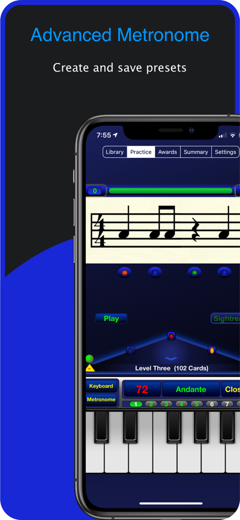 Rhythm Trainer by Rhythmicity - Rhythm Trainer app interface showing advanced metronome presets and musical rhythm practice