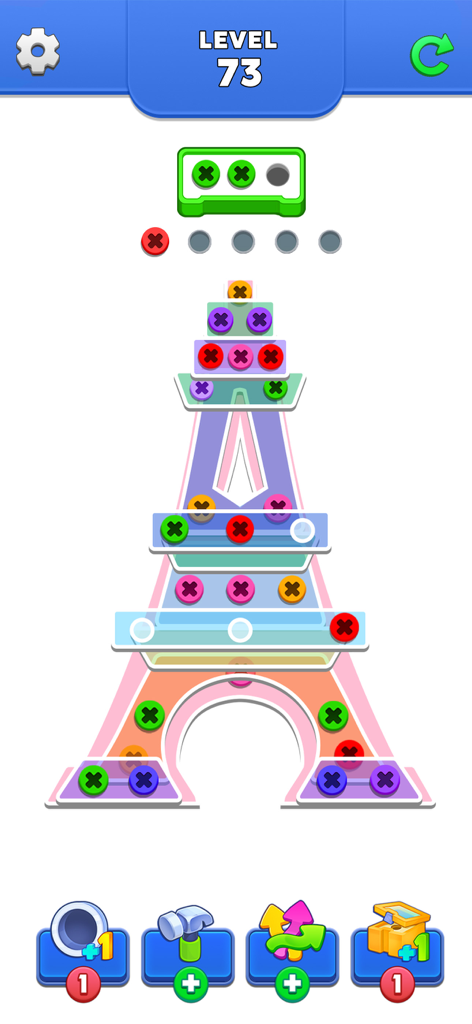 Gameplay of Unscrew Puzzle Pin Jam showing an Eiffel Tower puzzle with colorful screws
