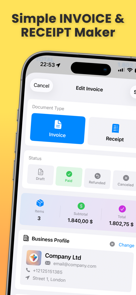 Interfaz de aplicación móvil para crear y editar facturas y recibos profesionales con seguimiento del estado.