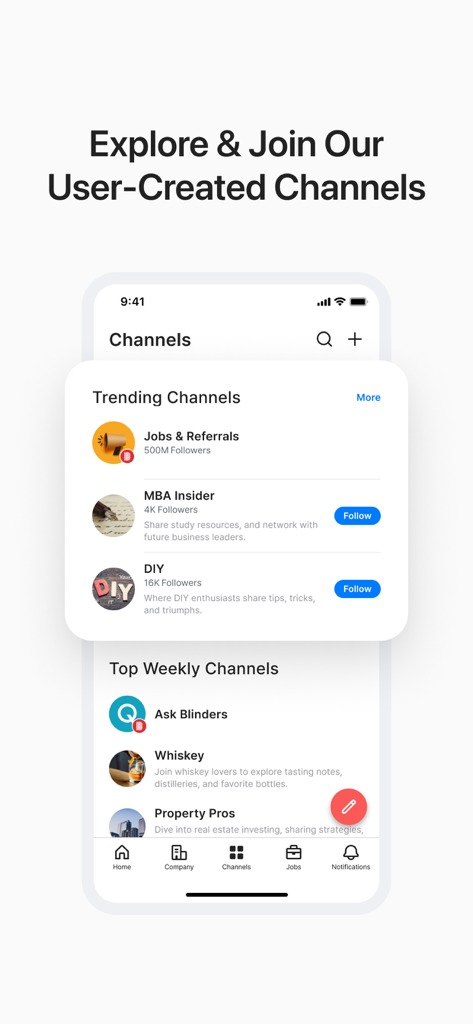 Blind - Professional Community - Blind app interface showing professional and personal interest channels like Jobs and Referrals and MBA Insider