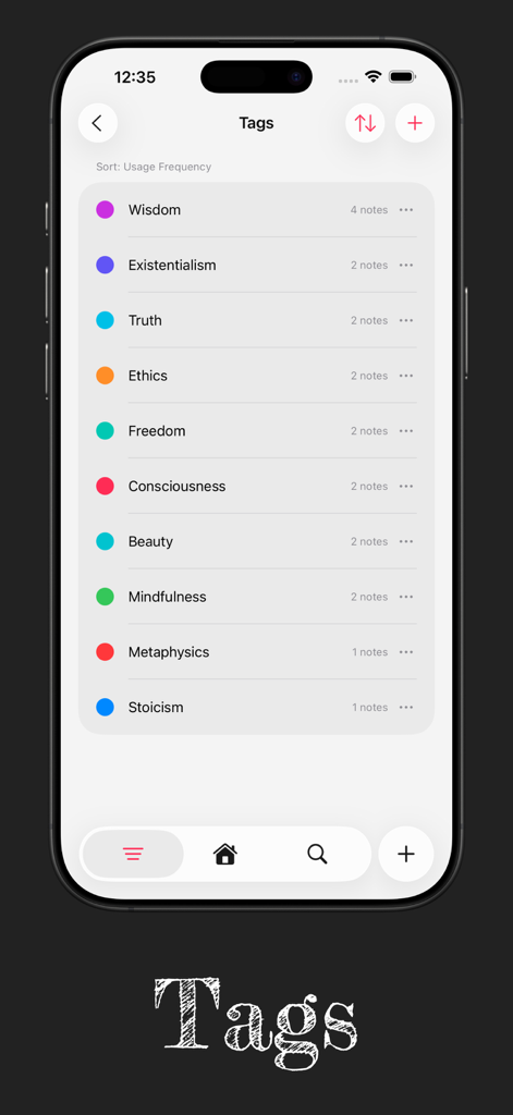 JustNote: Aesthetic Notes - Lista minimalista de etiquetas en la app JustNote mostrando categorías como Sabiduría y Mindfulness con puntos de colores.