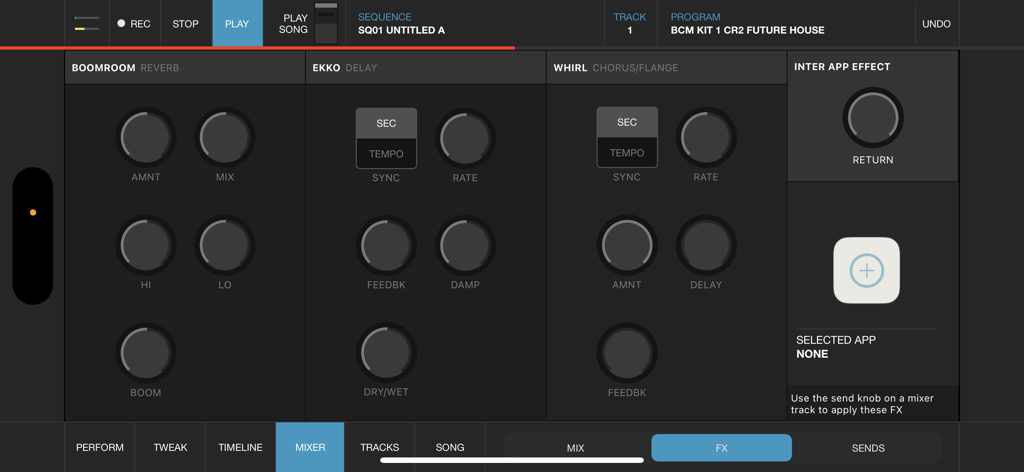 iMPC Pro 2 for iPhone - L'interfaccia del mixer effetti di iMPC Pro 2 per iPhone con controlli di riverbero, delay e chorus