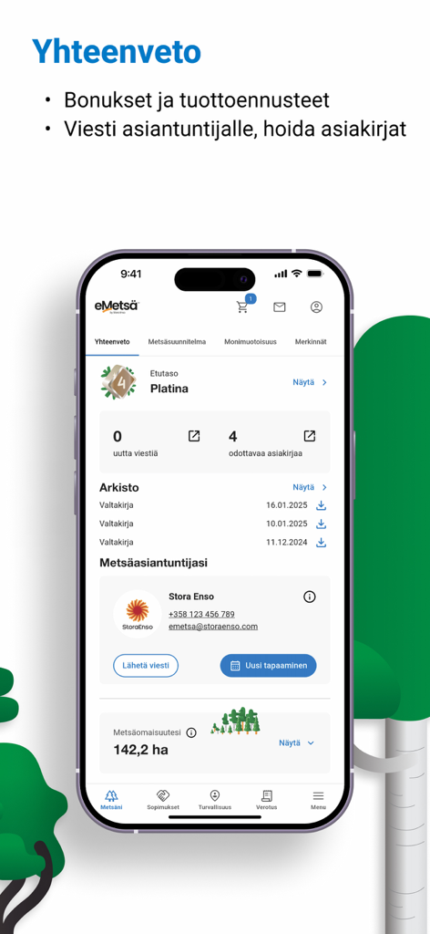 eMetsä Mobiili - Painel de resumo do aplicativo eMetsä Mobiili mostrando dados de terras florestais e informações de contato de especialistas