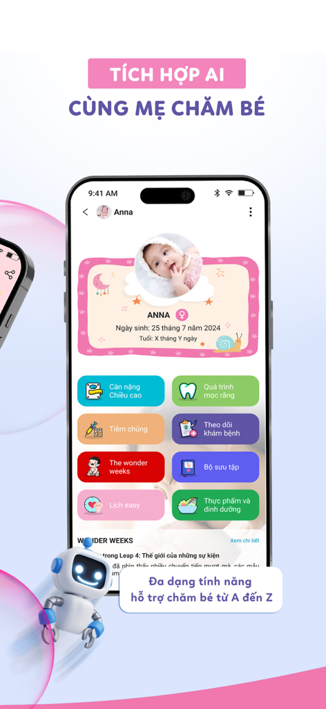 Momigo - Trợ Lý AI Của Mẹ & Bé - Interfaz de la aplicación Momigo mostrando el seguimiento de la salud del bebé y funciones de asistente de IA.