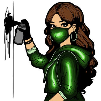 realistic girl with mask spray painting a wall