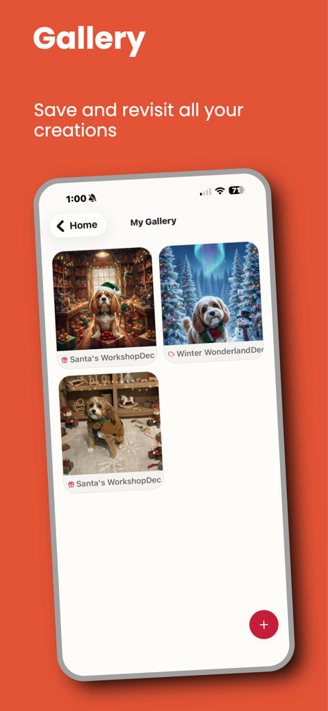 Easter Paws AI - Ein Bildschirm, der die Galerie einer mobilen App mit KI-generierten Feiertagsfotos von Hunden anzeigt