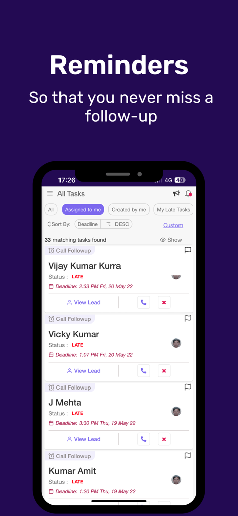Telecrm: Telecalling Software - Telecrm mobile app interface showing a list of late call follow-up reminders and task management for sales teams