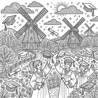 Mark a momentous occasion with this heartwarming coloring page, blending the timeless charm of windmills with the joy of graduation. Join cheerful graduates as they celebrate their achievements in a beautiful, serene landscape.