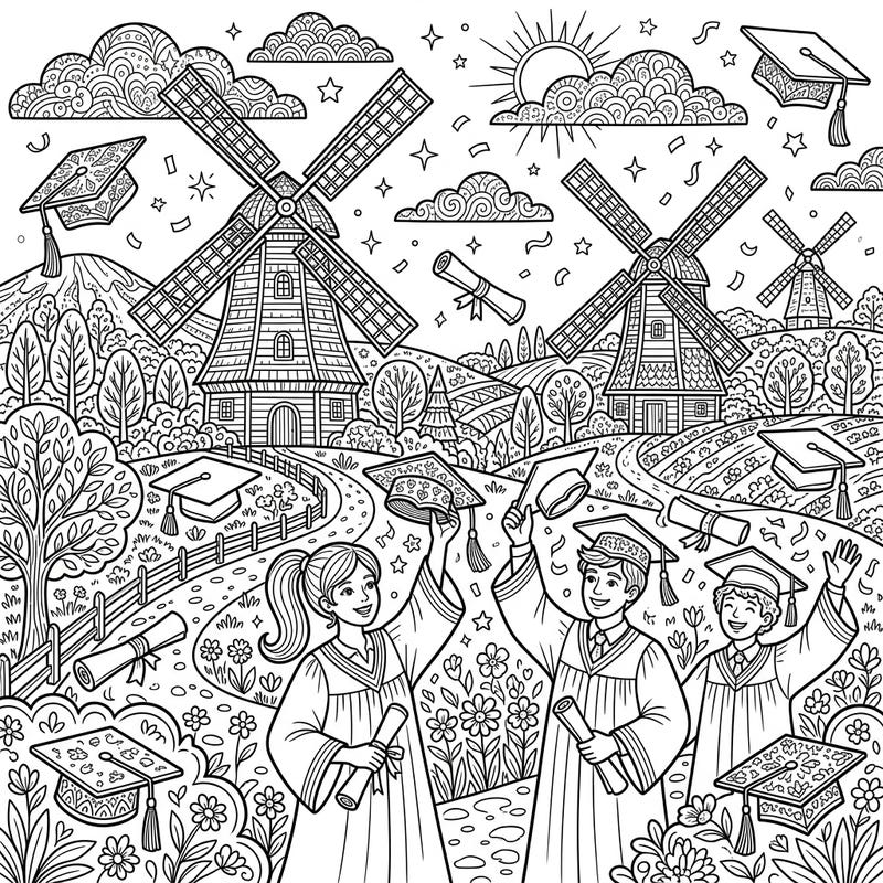 Mark a momentous occasion with this heartwarming coloring page, blending the timeless charm of windmills with the joy of graduation. Join cheerful graduates as they celebrate their achievements in a beautiful, serene landscape.