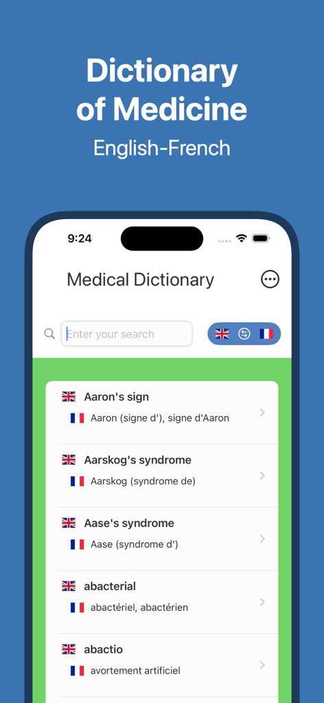 Interfaz de la aplicación de diccionario médico inglés-francés que muestra los resultados de búsqueda de términos médicos traducidos