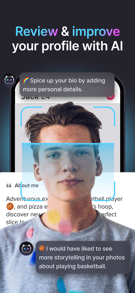 AI analyzing a dating profile photo with suggestions for improvement