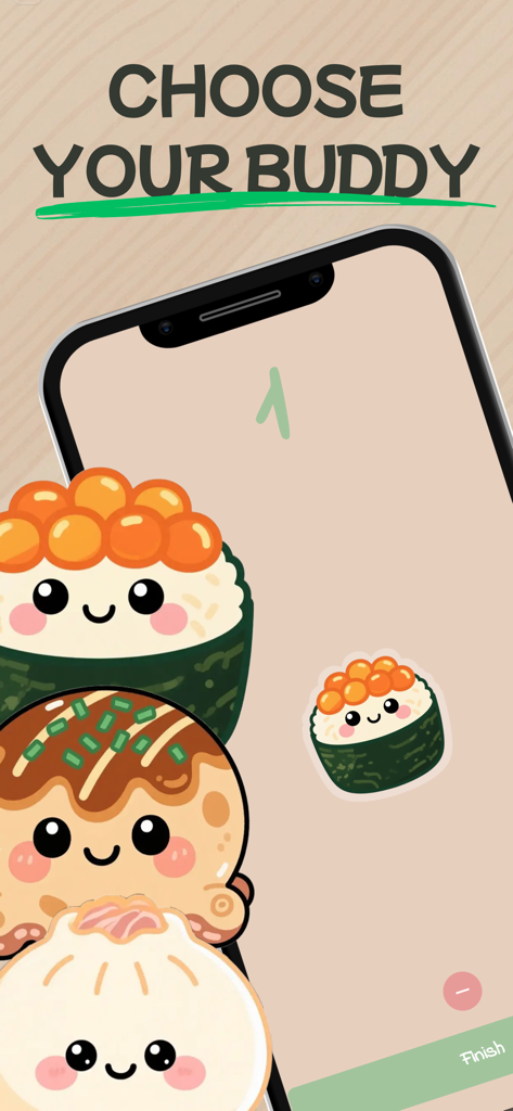 Mobile app screen showing three cute food characters with the text Choose Your Buddy for a sushi counting game.