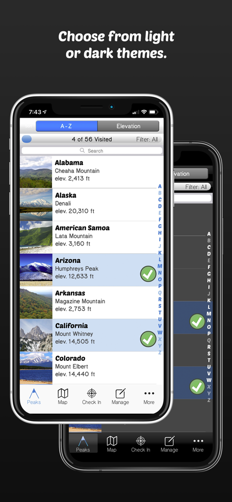 Summit Seeker - Summit Seeker app interface displaying the mountain peaks list in both light and dark theme modes.