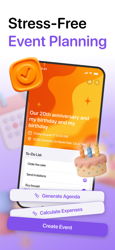 RushDay: Party & Event Planner - Pantalla de la app RushDay que muestra herramientas de planificación de eventos para fiestas de aniversario y cumpleaños con una lista de tareas pendientes y una calculadora de gastos.