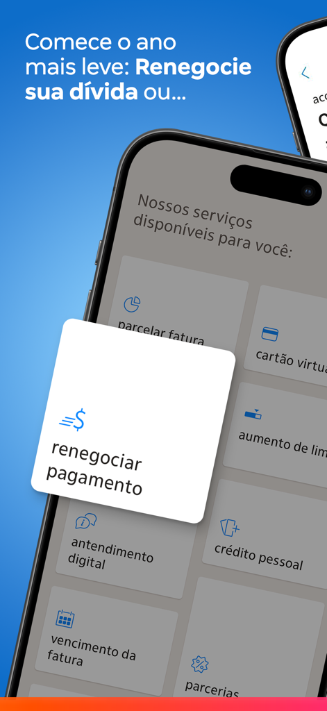 Cartão Luiza: descontos Magalu - Mobile interface of the Cartao Luiza app showing debt renegotiation and financial service options