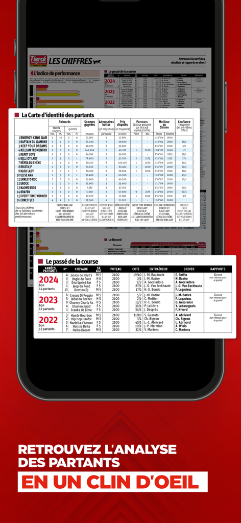 A mobile app screen showing detailed horse racing statistics and tables for race analysis