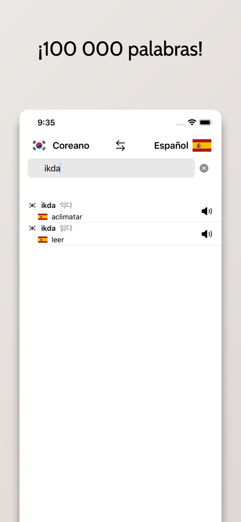 Diccionario Coreano-Español - Interface do app de dicionário coreano-espanhol mostrando resultados da busca pela palavra ikda e um banner afirmando cem mil palavras