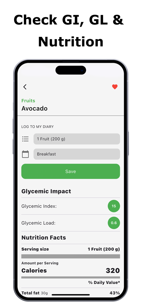 Glycemic Index & Load Tracker - Mobile App-Bildschirm zeigt glykämischen Index, glykämische Last und Nährwertangaben für eine Avocado mit Optionen zum Protokollieren in einem Tagebuch.