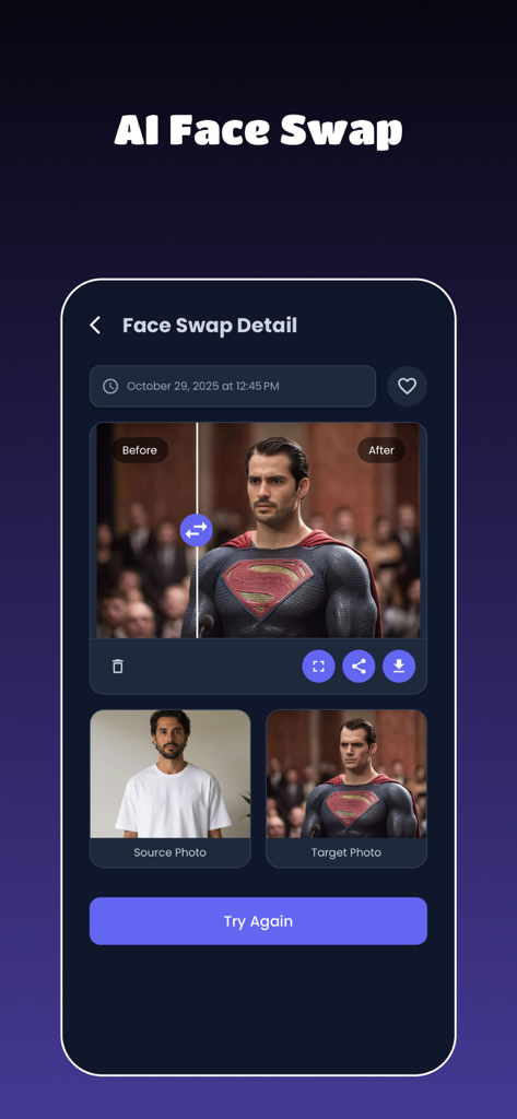 An interface showing the AI face swap feature with a before and after comparison