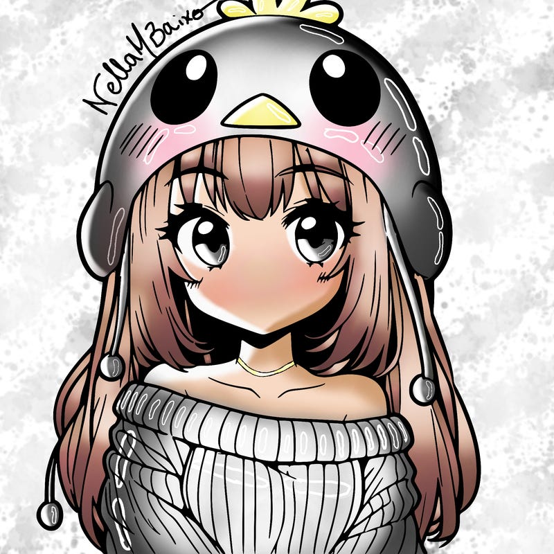 anime girl with chick shaped hat with sweater with bare shoulders with bangs covering them one eye with low tail