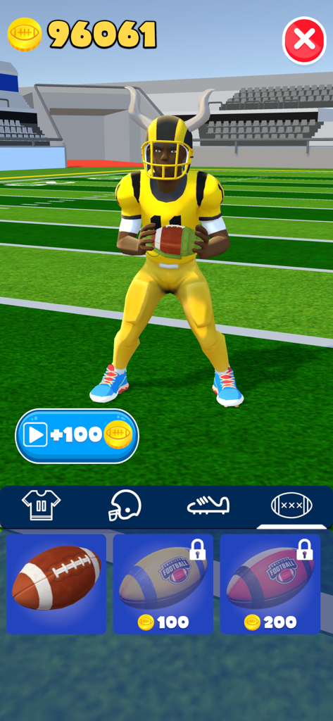 Hyper Touchdown 3D - A football player character in Hyper Touchdown 3D next to a ball selection menu