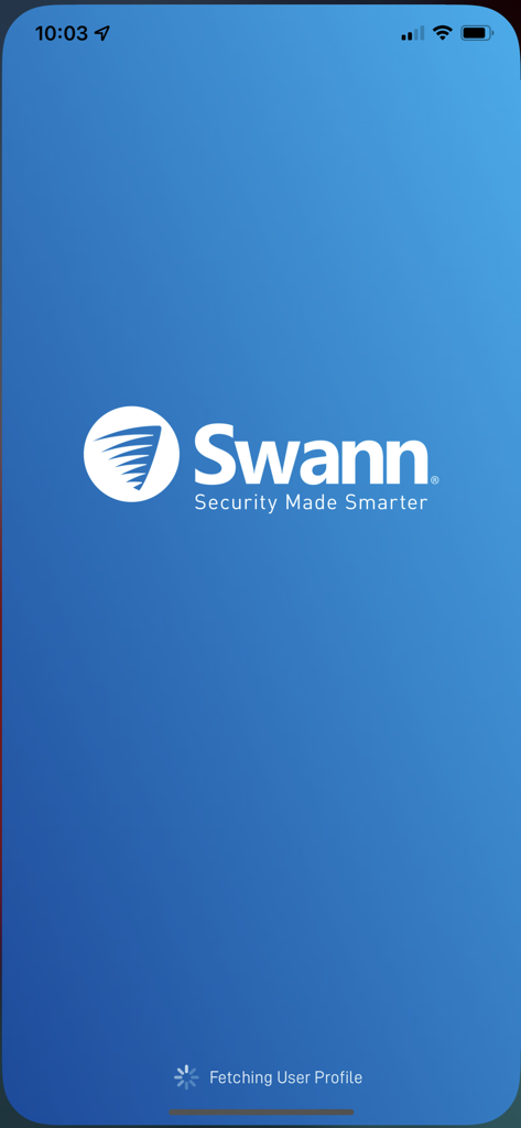 Pantalla de inicio de la aplicación Swann Security con el logotipo de la empresa y el eslogan Security Made Smarter