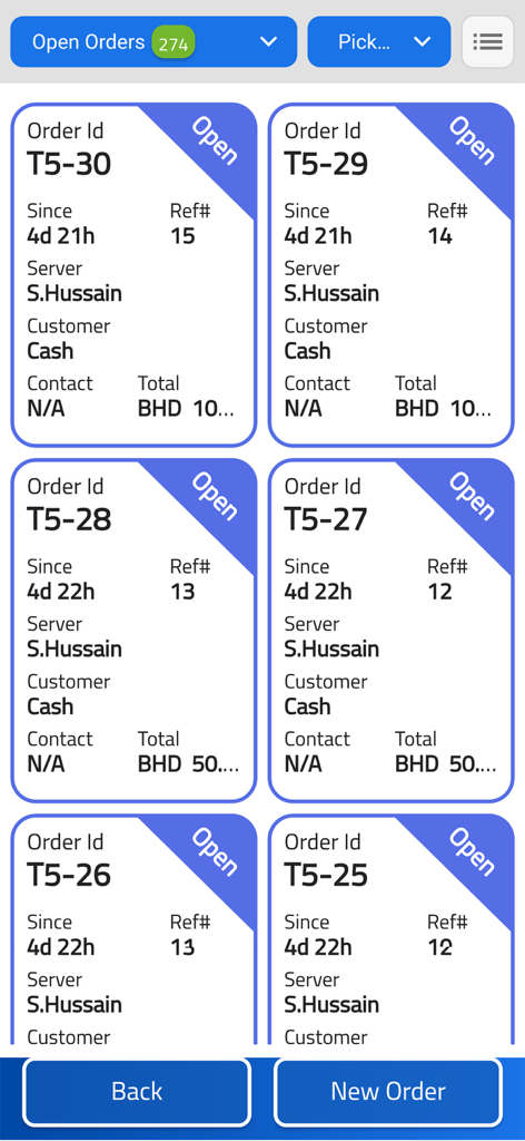 INVOPOSアプリのインターフェースに、注文IDとサーバー名が表示されたオープンレストラン注文のリストが表示されている
