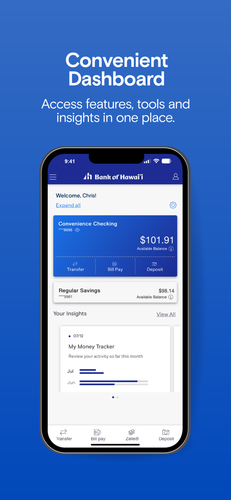 Bank Of Hawaii Mobile App - Bank of Hawaii mobile app dashboard showing account balances and spending insights