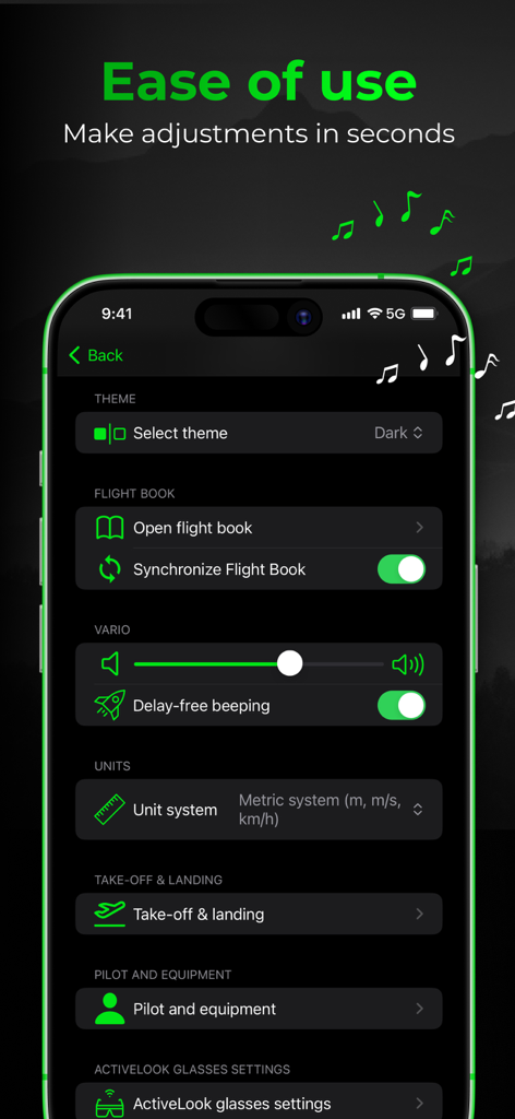 Vario One app settings interface showing flight book synchronization and variometer audio adjustments